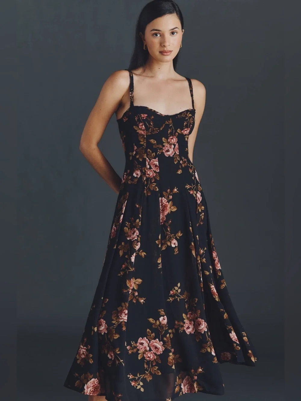 Reformation Katara a line bustier midi dress in Ballad rose floral black pink